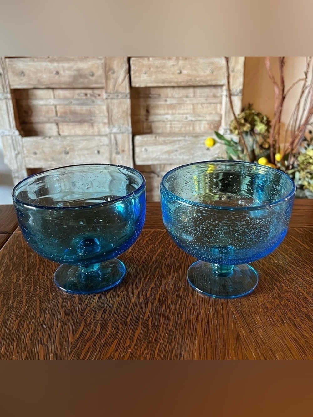 Set of 2 VTG Cobalt Blue Hand Blown Footed Bubble Glass Dessert Bowls Art Glass